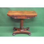 19th century rosewood D shaped card table having baized playing surface supported on turned column