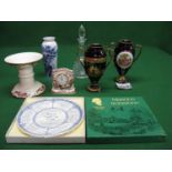 Group of ceramics to include: Masons ham stand, two Limoges urns, Masons clock, Masons plate,