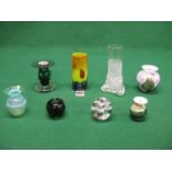 Collection of glassware to include: Lafiore cylindrical vase, Vaseline glass vase, Gozo vase,