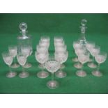 Group of nineteen cut glass stemmed drinking glasses and two decanters Please note descriptions