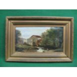 HC Farrel (?), 19th century oil on canvas of building on rivers edge with fisherman on river bank,