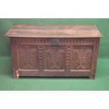 Period oak carved coffer the later top having cut corners lifting to reveal storage space, the three