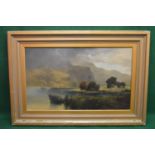 WF Preston, 1891, oil on canvas of fishing boat on tree lined river, signed and dated bottom