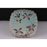 Japanese Fluted Square Dish with enamelled decoration of Birds and Pink Blossoms on a frosted pale