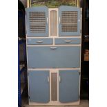 Mid century Wooden Kitchen Larder Cupboard, painted in blue and white, comprising a series of