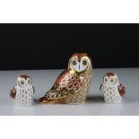 Royal Crown Derby ' Short Earred Owl ' Paperweight together with a Two Royal Crown Derby ' Owlet '