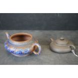 Chinese Yixing style Squat Teapot with lid, 14cms long together with a similar Tea Pot with blue