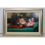 Italian Contemporary Oil Painting on Canvas depicting a Nude Woman led on a chaise lounge and