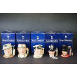 Five Boxed Royal Doulton Character Jugs, medium size, including The Sailor, The Soldier, The Airman,