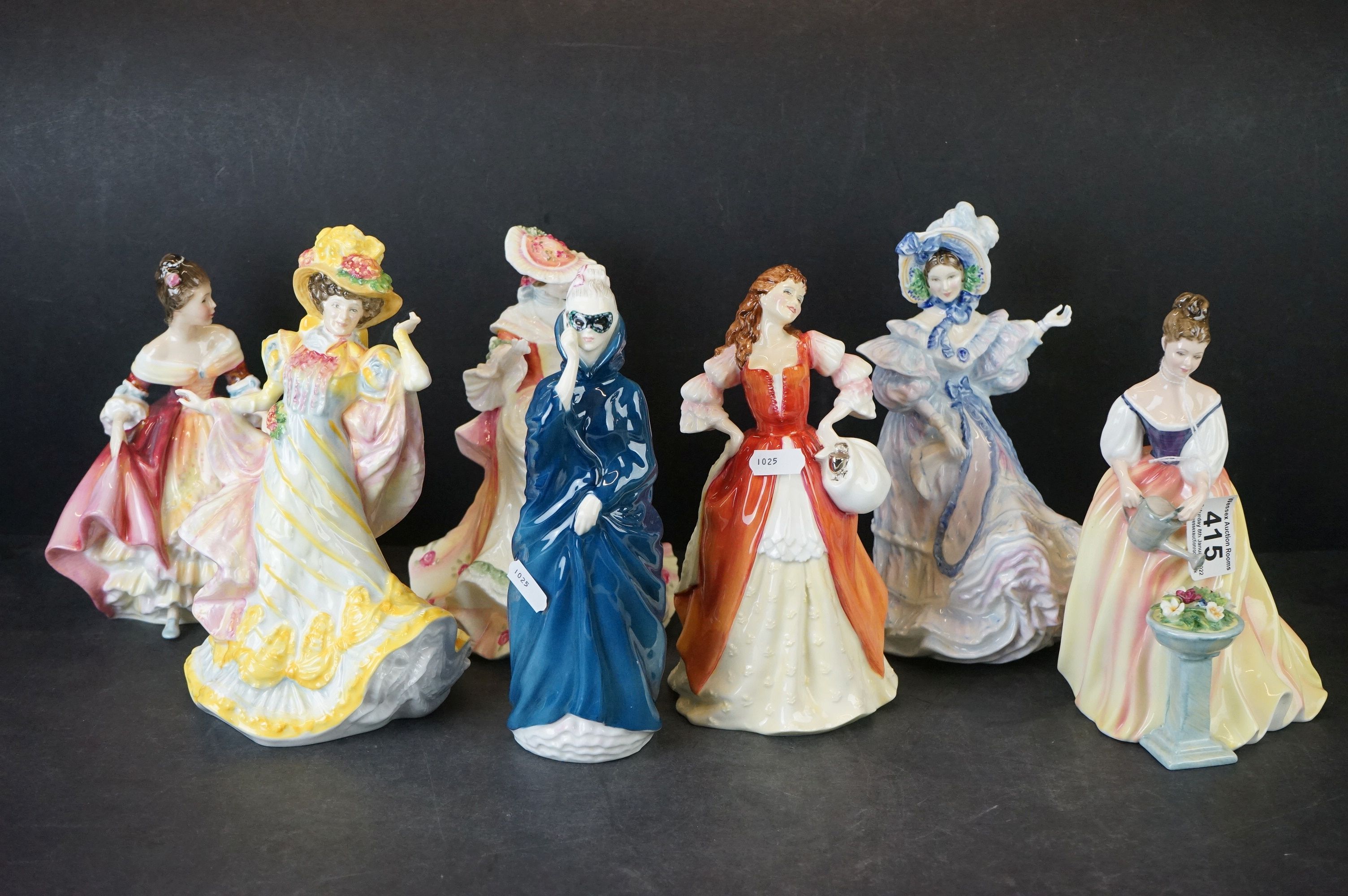 Seven Royal Doulton Figurines including Alexandra, Masque, Moll Flanders, Southern Bell, Primrose,