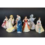 Seven Royal Doulton Figurines including Alexandra, Masque, Moll Flanders, Southern Bell, Primrose,