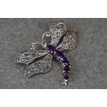 Large silver, marcasite & amethyst dragonfly brooch