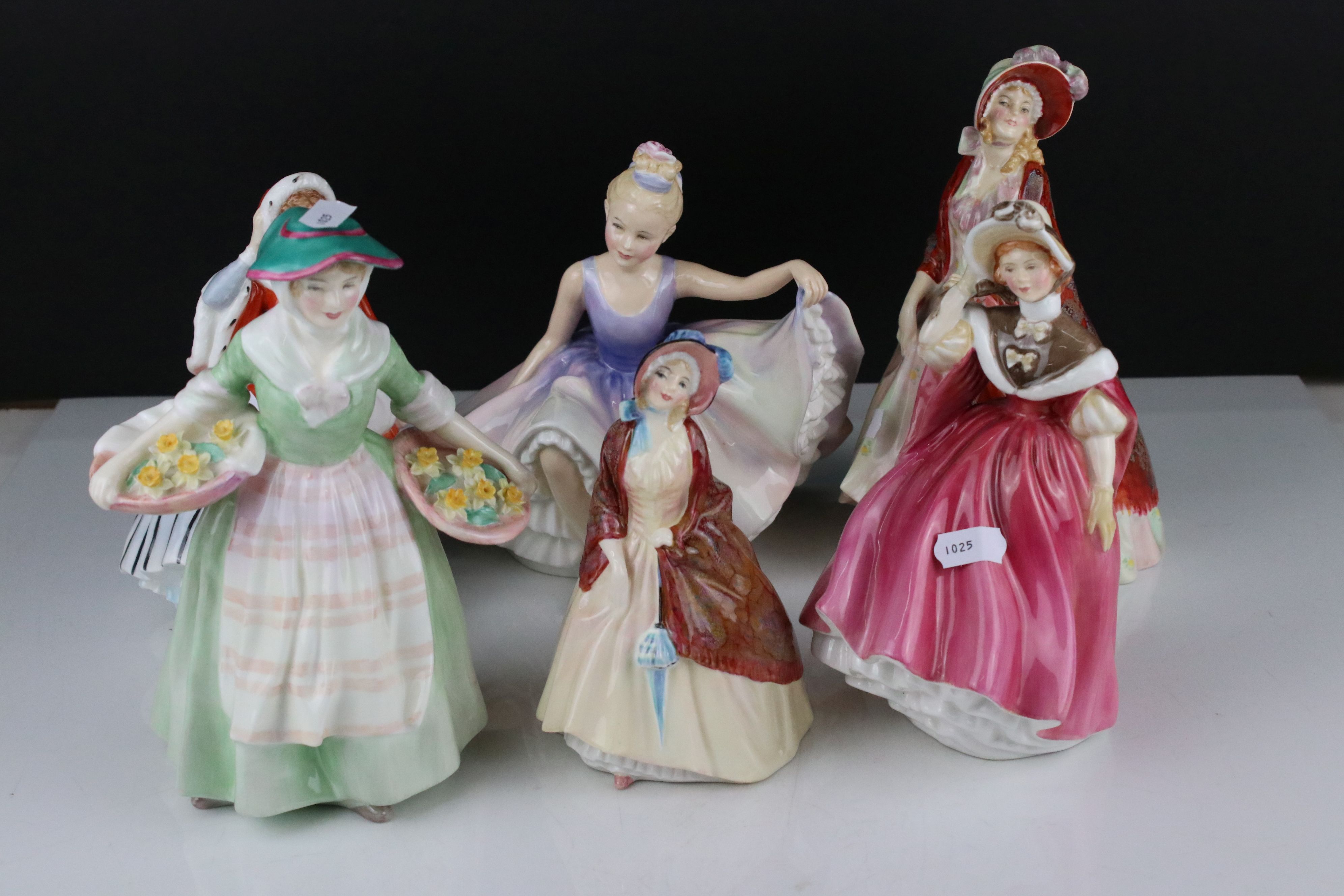 Six Royal Doulton Figurines including The Paisley Shawl HN1392, Paisley Shawl HN1988, Nuelle HN2179,