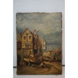 19th century oil on canvas, a busy classical harbour scene with figures and half timbered buildings