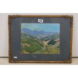 Framed impressionist oil painting of a mountainous landscape, unsigned, approx. 24cm x 31cm