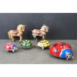 Japanese vintage tinplate ladybird with young & two tinplate horses