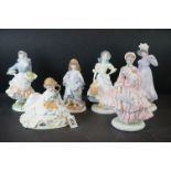 Six Royal Worcester Figurines including 1855 The Crinoline, 1818 The Regency, Safe at last, The