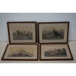 Set of four antique oak framed feather and watercolour paintings, each showing exotic gamebirds