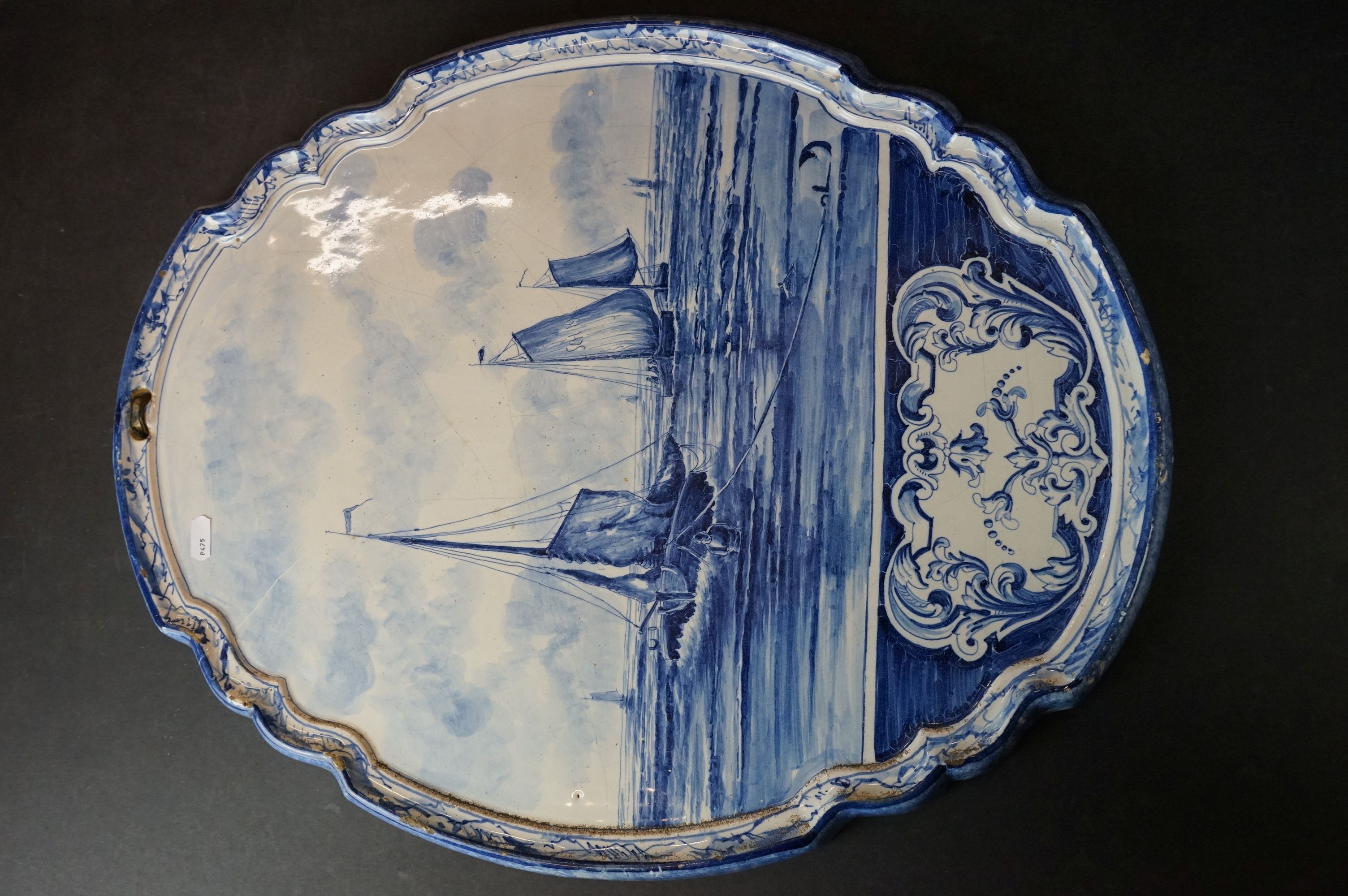 Large Delft Blue and White Wall Plaque decorated with sailing boats marked to back ' Holland ',