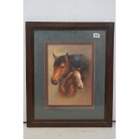 Framed oil painting study of a horse and foal