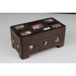 Art Deco wooden jewellery box with decorated concave enamel on copper roundels and rectangles