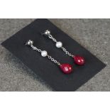 Pair of vintage white gold pearl & ruby drop earrings