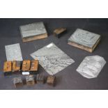 Group of vintage woodblock printing blocks, sculpture, scenic etc, contained in a box with German