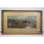 19th century painting of cattle in a river landscape