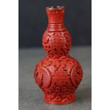 Small carved Chinese gourd shaped cinnabar lacquered vase