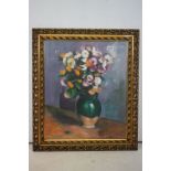 Pierced gilt framed oil painting, still life flower blooms in a green glazed terracotta vase