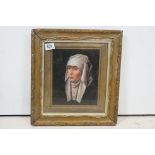 Ornate gilt framed oil painting, a portrait of a medieval nun