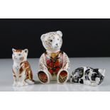 Royal Crown Derby Collectors Guild Debonair Bear Paperweight together Two Royal Crown Derby Cat