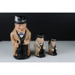 Three Royal Doulton graduating ' Winston Churchill ' Toby Jugs, all boxed, largest 23cms high