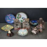 A group of oriental collectables to include cloisonné enamel and carved soapstone dogs of foo.
