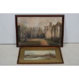 19th century Watercolour of Figures amongst Castle Ruins, 69cms x 45cms together with Print of