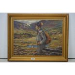 Oils on board, Continental School, a gilt framed scene with a man in mountaineering attire, signed