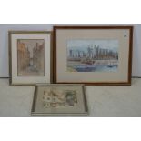 J H Hayes watercolour of Conwy Castle, together with a William Ball view of St Omer & an old town