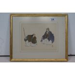 Framed Taisho period Japanese portrait of a Japanese noble and servant, circa 1919, signed