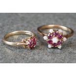 Two ladies hallmarked 9ct gold dress rings with ruby, opal and diamonds.