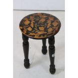 19th century marquetry topped circular stool on three turned legs