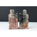 Pair of carved soapstone bookends in the form of oriental warriors