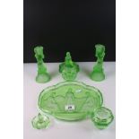 Art Deco Uranium Green Glass Dressing Table Set comprising Tray moulded with three