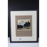 Irish interest - a signed early 20th century woodcut, a view of Slieve Bearnagh County Down