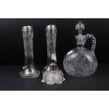 Glass Claret Jug with stopper and etched fern and leaf decoration, 24cms high together with a Pair