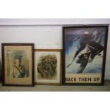 World War I / World War II interest, two antique portrait prints of soldiers, together with an RAF