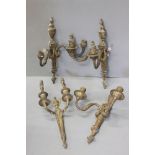 Set of Three Gilt Metal Adam's style Double Branch Electric Wall Light Fittings, 38cms high together
