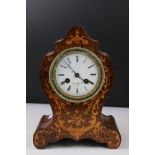 French Rosewood Inlaid Mantle Clock of shaped waisted form, the white enamel dial with Roman