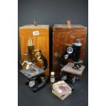 A vintage mid 20th century microscope by Watson & sons together with a Leitz example, both boxed and