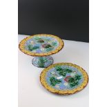 19th century Majolica Strawberry pattern Comport and matching Plate, comport 22cms diameter