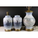 Pair of Royal Copenhagen Porcelain Table Lamps decorated with Sailing Boats, marked 2562/888 and dsx